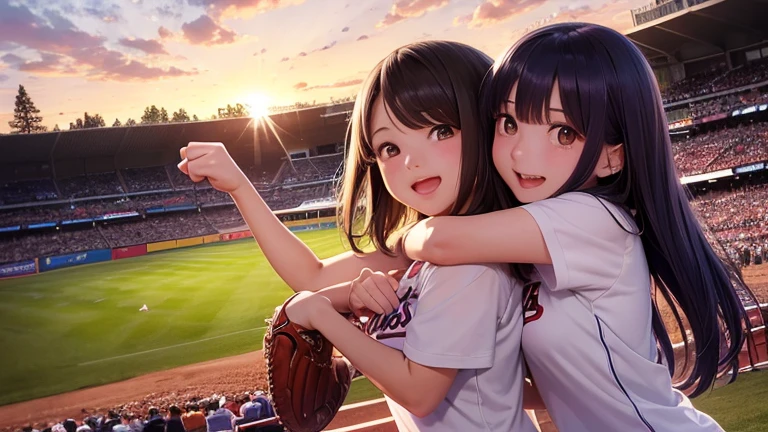After the high school baseball game、Please draw an illustration of high school girls celebrating their victory.。They were holding cheering goods.、They are smiling and hugging each other。The background shows a baseball field bathed in the glow of the setting sun.。
