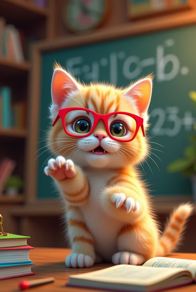 creates a photo of a kitten with frajola glasses teaching math