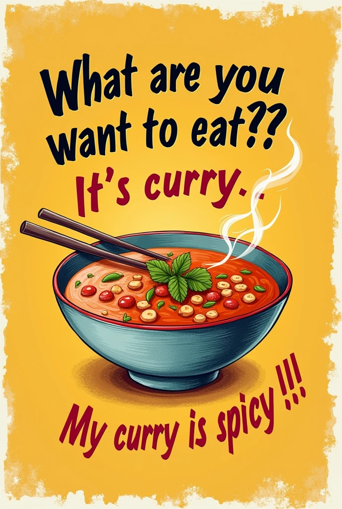 Typography Poster、"What do you want to eat??It's curry.!My curry is spicy!!!"、Appetizing colors