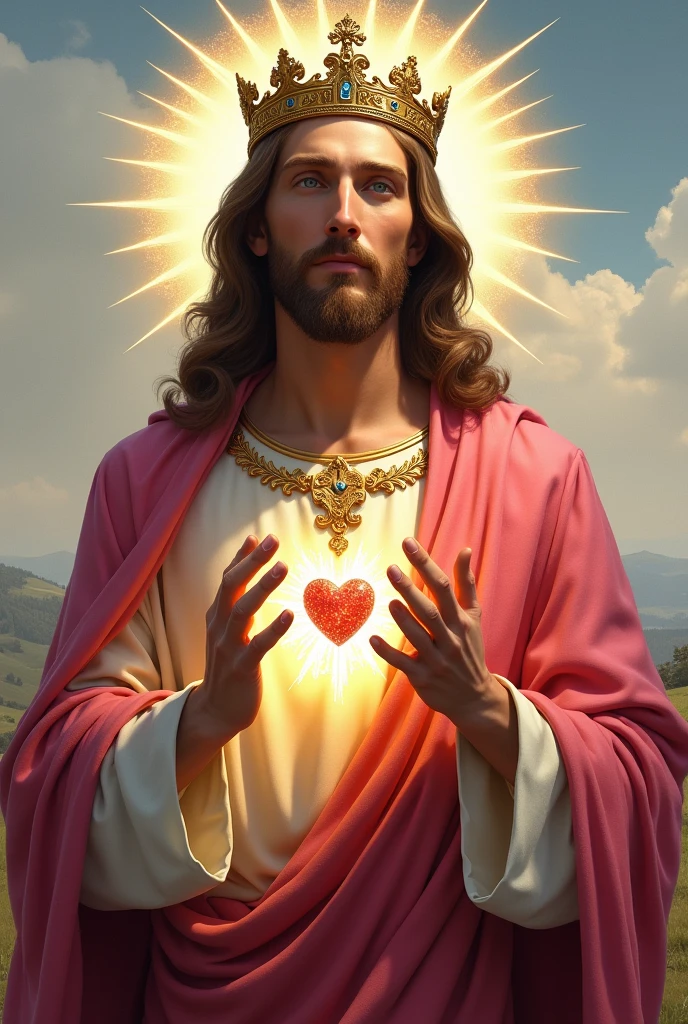 Perfect hand 5 finger, Portrait of a handsome Jesus Christ  with light in his head and heart sparkling all over. wearing the pink king clothes with king crown in the hill, Jesus Christ, real blue eyes, sunny day, intricate details.real Jesus Christ, straight head face, Straight body.Prayer Jesus Christ, perfect full body,  perfect hands finger,Prayer Jesus Christ, praying Jesus Christ backgrounds natural photographic