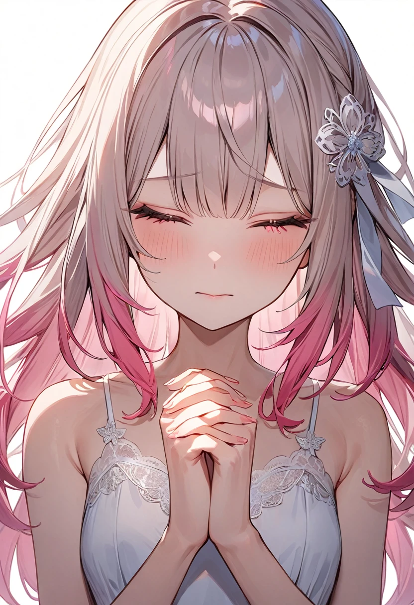 (masterpiece, top quality, very aesthetic, 4k、illustration), intricate detail, 1woman,solo,contrapposto 、Strong glowing eyes、,(upper body)、、(),beautiful face、closed eyes、sorrow、straight hair、(fluorescence pink gradient hair)、own hands clasped、multicolored hair,hair ribbon,middle hair,sidelock ,レッド　eyes、white lace camisole Dresses、small breasts、Slim 、white background