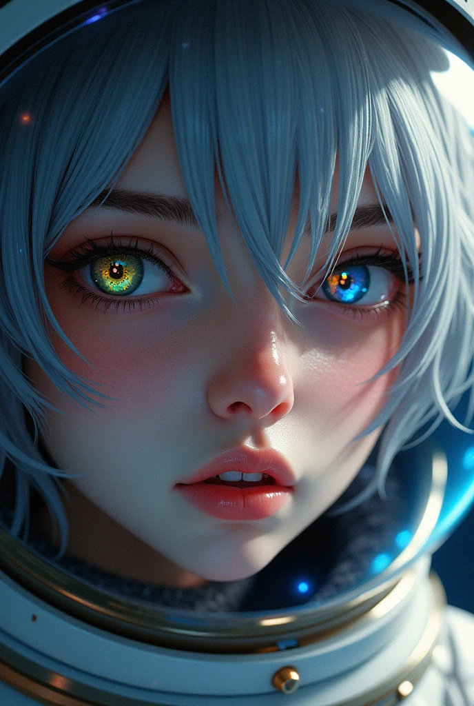 (Close-up of a better masterpiece:1.5)0.9], (Space and astronauts:1.2) (Messy silver hair:1.1) (Heterochromia xanthochromia and blue eyes:1.2) (Space Helmet:1.0) (Colored stars in the eyes:1.0) (A radiant glow:1.1) (thick lips:0.9)