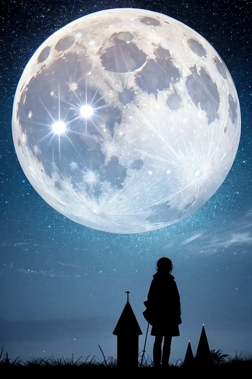 Highest quality,Big moon and shadow,A silhouette of a person can be seen against the backdrop of a large moon.,There is one full moon,There is a mood,Beautiful scenery,Starry Sky