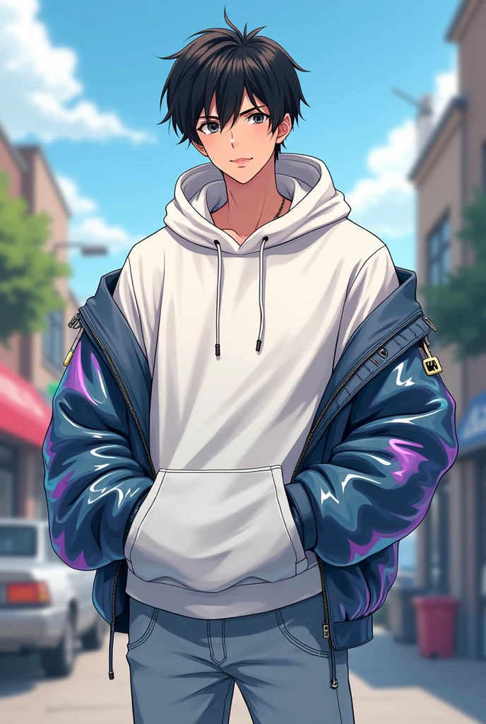 High quality, amount of drawing, pixiv illustration, PVC Jacket, aurora jacket, Beautiful young man, Black hair, Short hair, Hip-hop costumes Oversized hoodie,Plain white hoodie,Wearing a hood,light gray jeans, Decisive Pose, In town, Perfect facial expression,perfect clothing description
