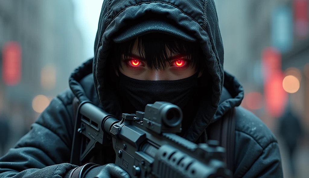 (work of art) , (best qualityer) , (ultra detali) , Young handsome boy , short black hair , red starry eyes , wear a black hooded jacket , quick assault rifle , frontal look , going , wear a black military hat , cyberpunk world , rainny , natta , field of battle , the upper part of the body , wear a black mask ,