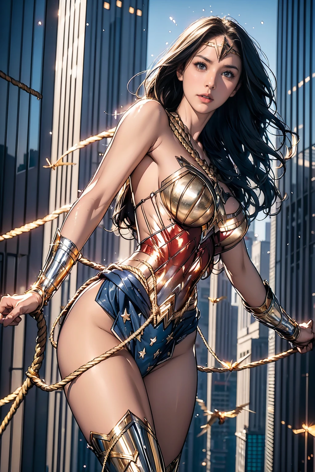 Generate a rough oil painting of Wonder Woman gracefully ((swinging through the gaps between (skyscrapers:1.5))), ((at night)), ((flying:1.8)), using her ((Lasso of Truth)) like a super heroine. ((hold gold rope:1.5)), The golden glow emanating from the Lasso of Truth illuminates the scene like fluorescent lights. Capture her in a dynamic and stylish pose, reminiscent of Frank Miller's Sin City style. (field of depths,boheh backdrop), Wonder Woman, (Intricate Details, Makeup), (Delicate and Beautiful Delicate Face, Delicate and Beautiful Delicate Eyes, Face with Perfect Proportions), (Realistically wet Skin:0.8), Delicate Skin, Strong and Realistic Blue Eyes, Realistic Black Hair, Lips, Makeup, Natural Skin Texture, tiara, red and gold bustier, blue leotard with white stars, ((silver gauntlet:1.2)), ((Red knee high boots:1.2)), golden belt, (Wonder Woman clothing:1.1), bare shoulders, ((light tanned skin:0.8)), mature, sexy, elastic muscles, (muscles:1.2), ((strong and healthy body)), long legs, curves, (big breasts:1.3), thin waist, soft waist, (delicate skin), (beautiful and sexy woman), (swollen lips:0.9), (eyelashes:1.2), (long wavy black hair:1.1), feminine, detailed body, (detailed face:1.1), perfect body, perfect anatomy, perfect details, perfect fingers, Perfect limbs, thigh gap, mature, sexy, thick thighs, wide buttocks, (Sexually sedentary), realistic skin details, complex background, high quality, realistic lighting, professional photos, natural skin texture, very detailed and sharp focus, crazy details, intricate details, very detailed and bright cinema lighting, dominant looks, very delicate muscles, whole body)),