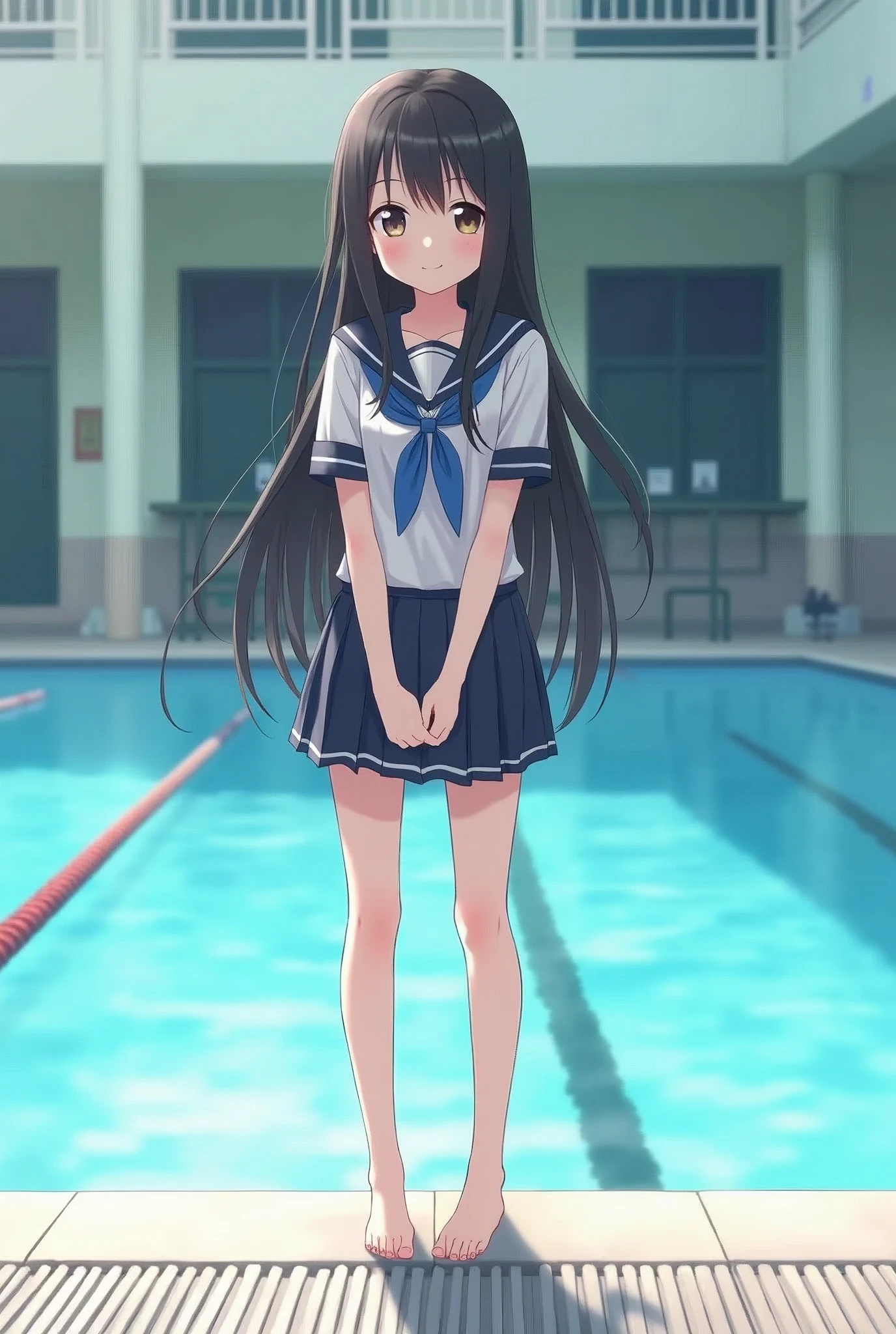 Standing by the pool at an empty school、High school girls、Long black hair、Summer uniform、mini skirt、barefoot、Cute Face、Smiling、Full body portrait