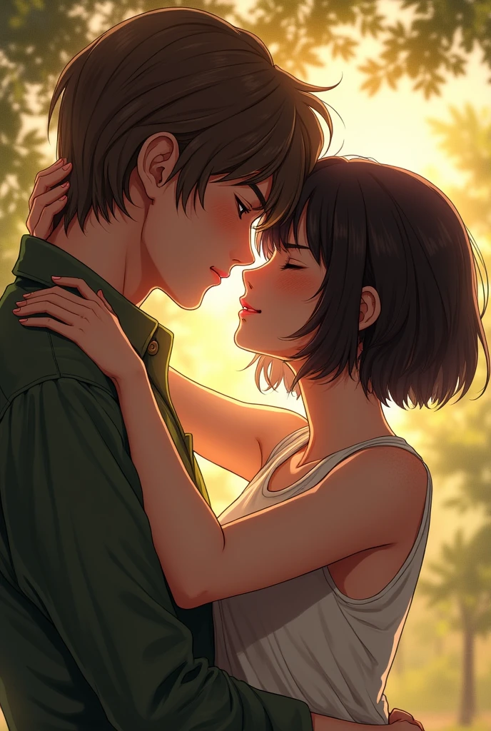 a girl with really short, dark brown hair. which is not longer than the beginning of her neck. she has a rebellious vibe. she’s kissing with a sweet boy, who has brown and very long straight hair. they are in love. she’s touching him. make it look very intimate and like a realistic drawing. they are adults.