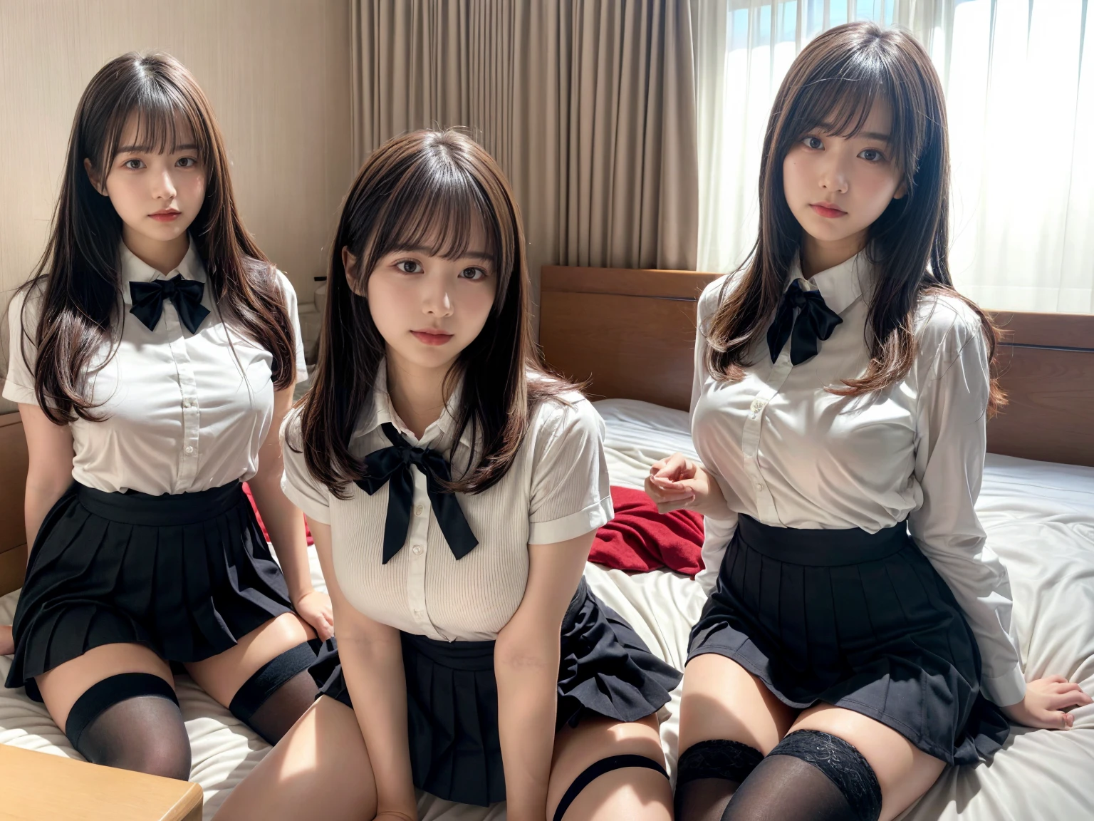masterpiece, best quality, illustration, Super detailed, fine details, High resolution, 8K,wall paper, perfect dynamic composition,(Details High quality, realistic depiction of eyes:1.3), (3 girls), (collared shirt:1.1), pleated skirt, knee high socks, sitting, open legs, short bob hair, in a hotel room in the background, deep on field, large breasts, black hair color, Big Natural Color Lip, (perfect body shape), crying a little、Harajuku style、20 year old girl、cute type、beautiful legs, Gravure Idol