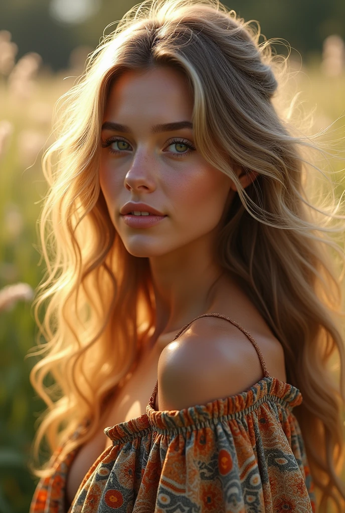 An American beautiful girl with golden wave hair , wearing bohemian dress