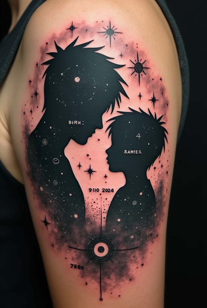 Create a tattoo to honor your son, a shadow father and son, that illustrates the name Samuel, date of birth 09.10.2024, Libra, weight 2780, time of birth 23:24, male, and add symbols from the Naruto universe and mathematics.