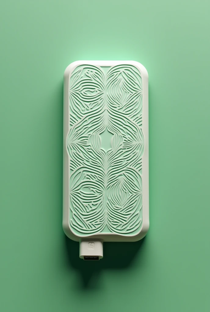 a futuristic powerbank with ancient African cravings and designs that symbolizes love and peace that’s a size of a flash drive that can also be stuck on the phone while charging with a green and white color