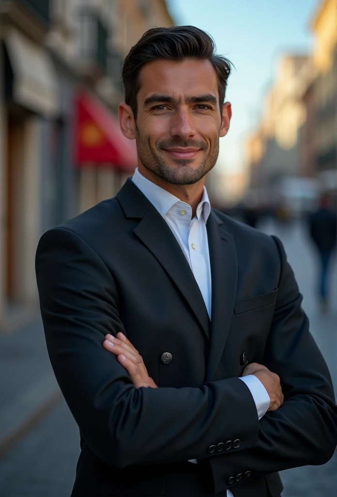 Italian 30yo man , dark short hair with fade, dark suit,confident expression,sharp jawline,vibrant skin,smiling,handsome face,standing pose,city backdrop,professional studio lighting,realistic,a Ferrari, photorealistic:1.37,portraits,vivid colors,cool tone,soft lighting