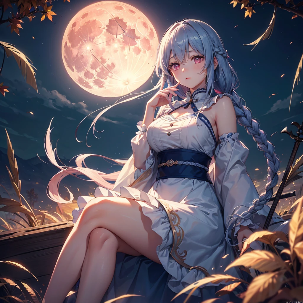 (Dumplings piled up next to each other),(Sky blue braided medium length hair), (Pink eyes),(Fair skin) ,(whole body),(One Girl),(harvest moon),(A large amount of Miscanthus sinensis in the background),autumn,(full moon),(masterpiece, Highest quality, Very detailed, Best Shadow), (Detailed Background), (Beautifully detailed face), High Contrast, (Best lighting, Very delicate and beautiful), ((Cinematic Light)), Hyper Detail,8k, Dramatic Light, Intricate details