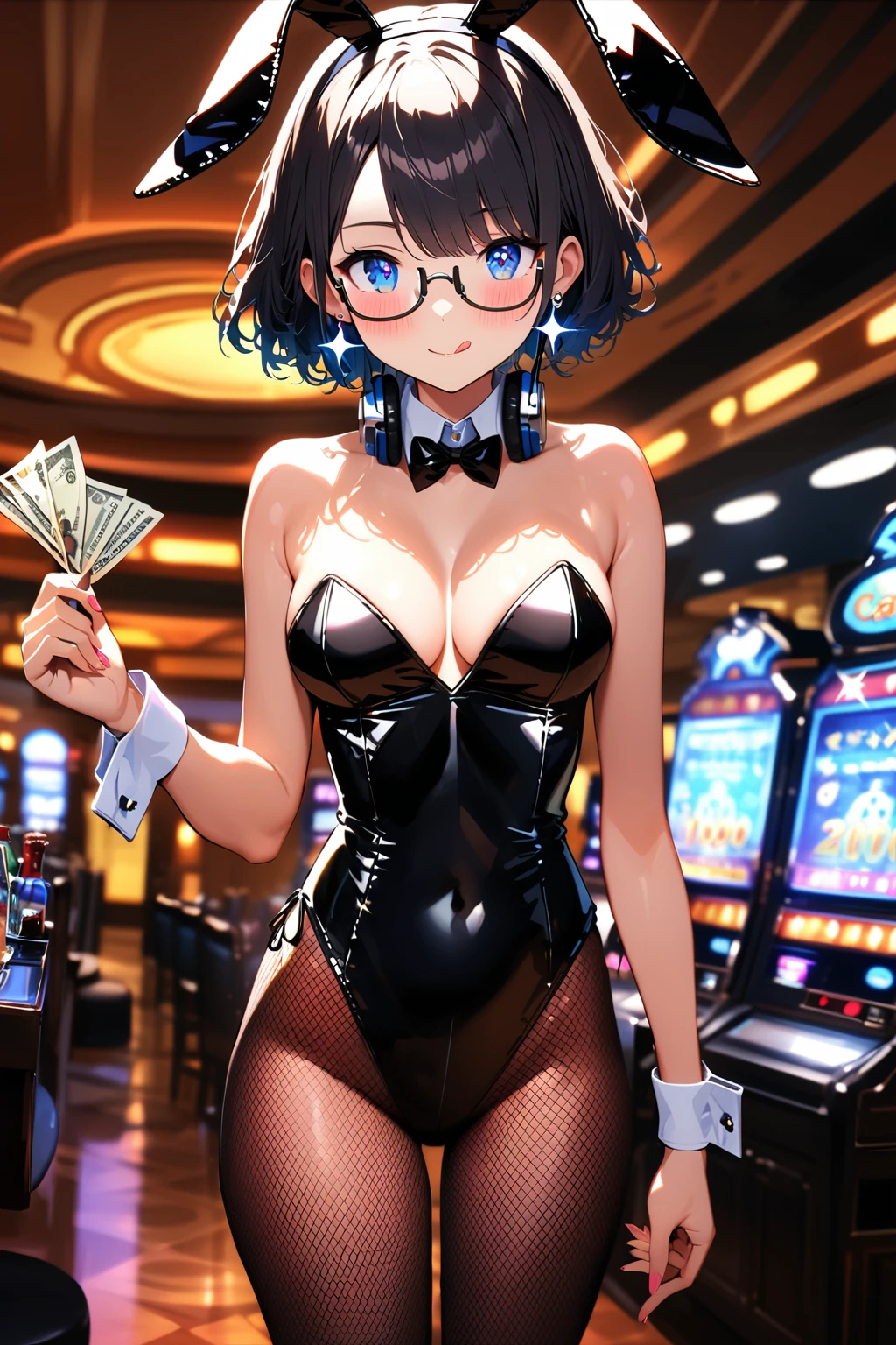 ((top-quality)), ((masterpiece)), ((ultra-detailliert)), (extremely detailed fine touch:1.3), (2D:1.3), solo, 1girl, (((semi-rimless sparkling eyewear:1.3))), (headphone around neck:1.2), sparkling earrings, bedroom eyes, short hair, messy hair, hair over one eye, light blush, licking lips, (holding one hand $100 bill:1.3), medium breasts, cleavage, midriff, bare arms, playboy bunny,rabbit ears, black rabbit ears, fake rabbit ears, Fishnet tights, bowtie, wrist cuffs, black leotard, extremely detailed casino