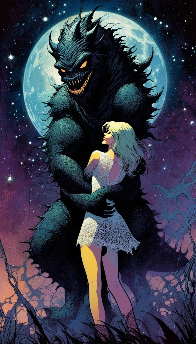 Sexy girl loves monster, sexy lace dress, girl hugging big scary monster, magic, fantastic, night sky, moon, stars, background,, art inspired by Bill Sienkiewicz and Dave Mckean.