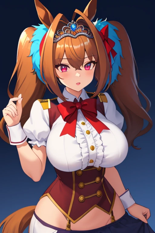 ultra-detailed,
master piece,best quality,high resolution,
beautiful eyes,detailed eyes,detailed face,
beautiful detailed eyes,symmetrical clear eyes,
1girl,Daiwa Scarlet\(umamusume\), horse ears, long hair, twintails, tiara, horse tail, very long hair, brown hair, garter straps,large breasts, red eyes, bowtie, bangs, puffy sleeves, center frills, hair between eyes, hair bow, (huge breasts:1.2),wide hips,