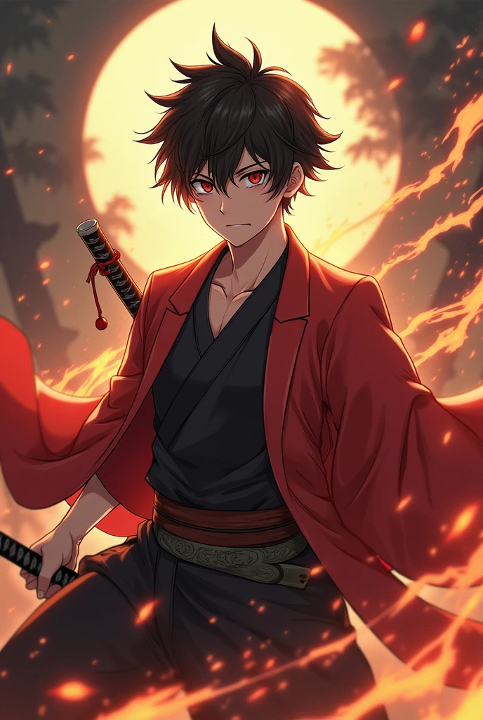 Generate an image of a character in the style of kimetsu no yaiba, let it be a man, that he is a hunter, a young character,that has the lion's breath and a little fire and that has a haori, that has a clothing style equal to the hunters of the anime Kimetsu no yaiba, that his clothes look like Rengoku's,that has a katana.