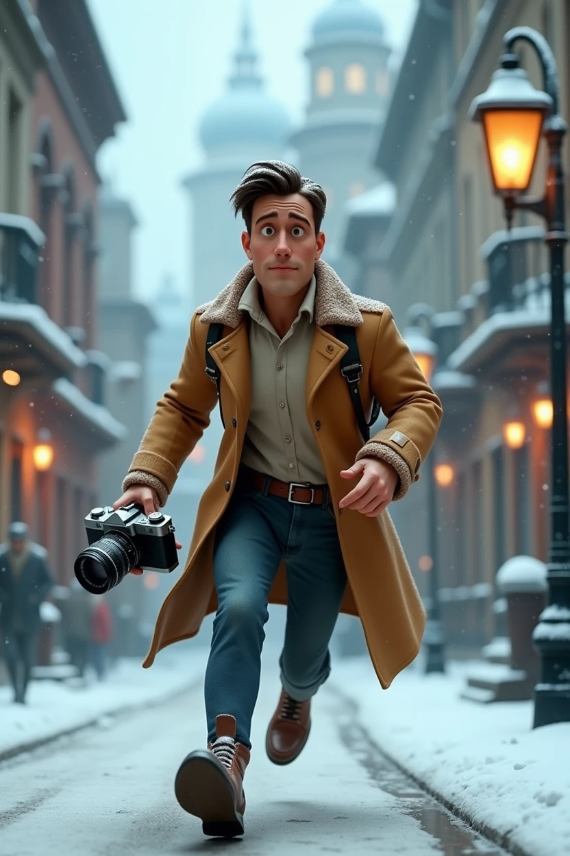 A want a journalist with a vintage camera on his hand running in a snow old city. The man is in the med of 30s. The time of the character is in the 1900s. The character is animation 3d Pixar and Disney style. Movie poster, running from something with face expression. Only in pixar style.