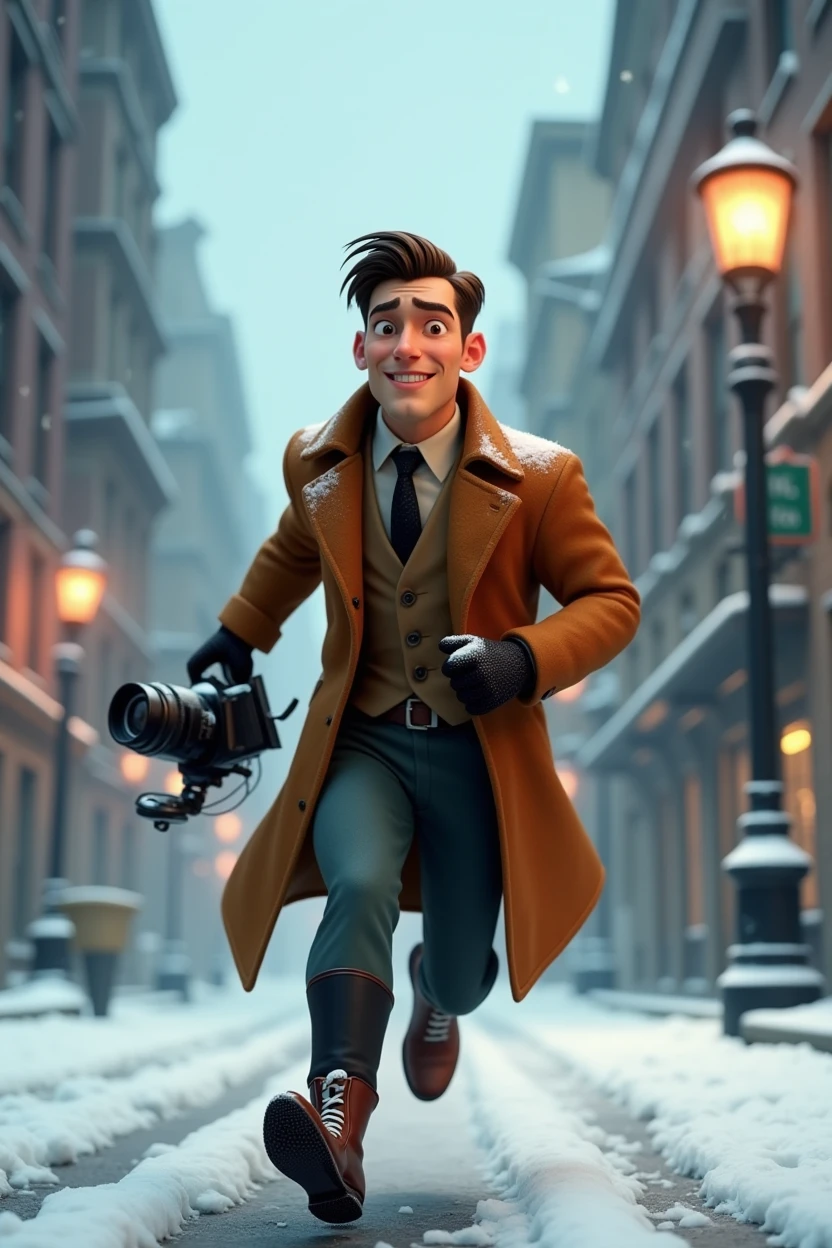 A want a journalist with a vintage camera on his hand running in a snow old city. The man is in the med of 30s. The time of the character is in the 1900s. The character is animation 3d Pixar and Disney style. Movie poster, running from something with face expression. Only in pixar style.