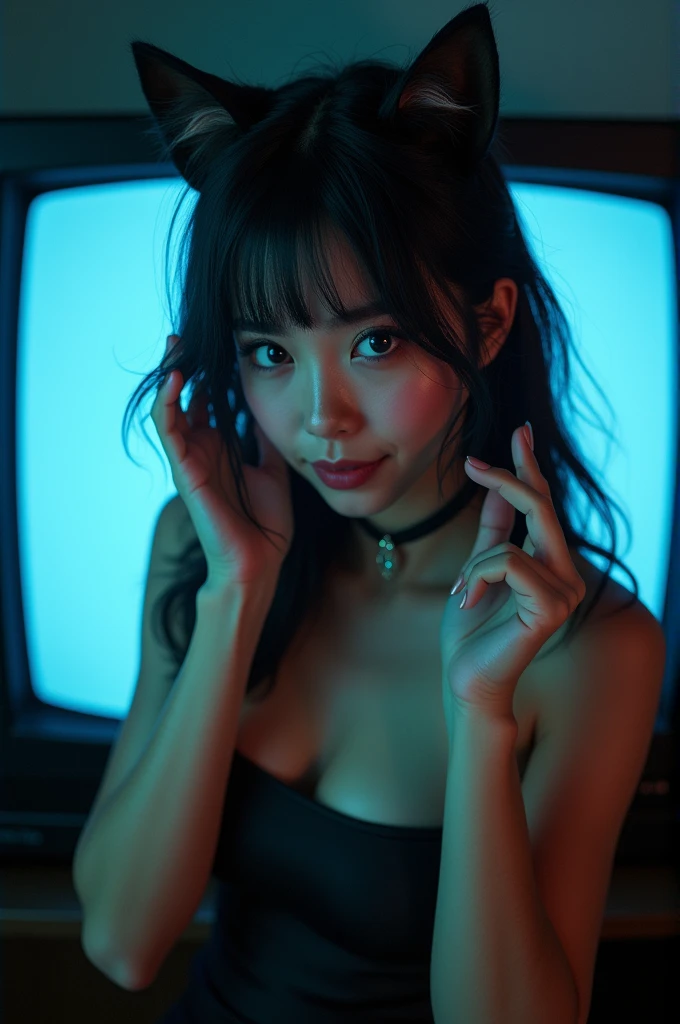 Attractive woman with cat eys is flirting and smiling. She is inviting someone to come to her with gesturing with her hand. The lady is touching her hair. Isolated on background and coming out of the big television screen.
