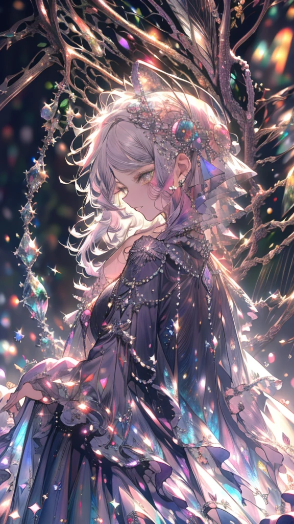 High definition RAW color art, Animation,sculptures, Silver Marble Skin, (((Ultra detailed elegant))), Magical atmosphere, Detailed skin, Texture,(Intricately detailed, Fine detail, ultra-detail art), depth of fields, Bokeh, Silky Touch, Hyper Detail, (pastel purple), beautiful eyes, elegant face, eye shadow, hip, looking back, sparkle background