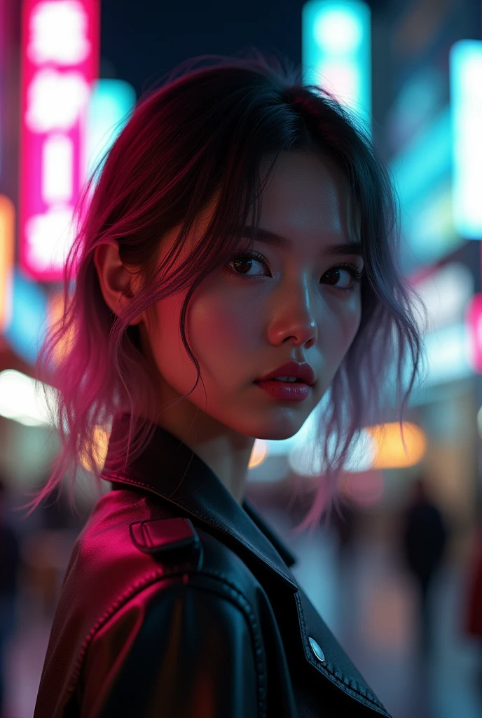(gradient hair, dutch angle:1.3), film grain, chromatic aberration, city centre, masterpiece, best quality, raw photo, photorealistic, absurdres, 1girl, cute, perspective, cowboy shot, highres, ultra detailed, finely detail, detailed eyes and face, sharp pupils, realistic pupils, sharp focus, summer, night,