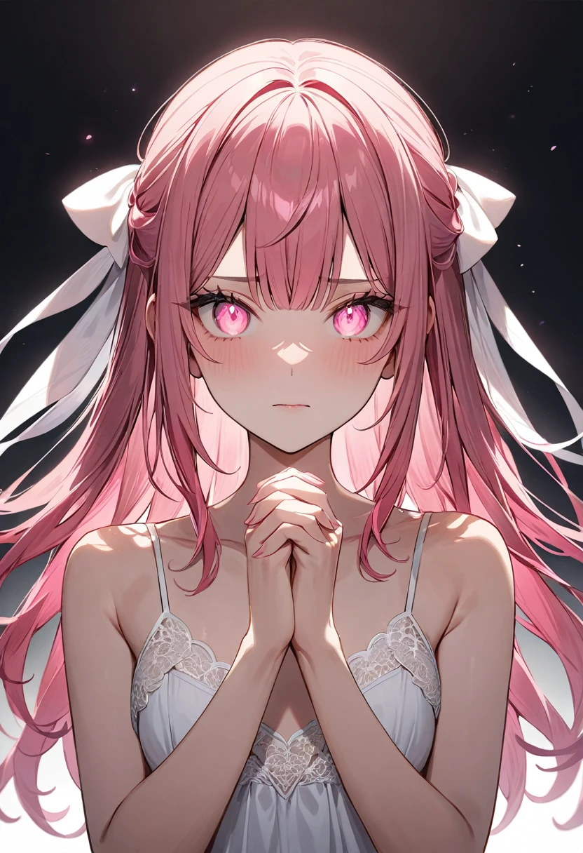 (masterpiece, top quality, very aesthetic, 4k、illustration), intricate detail, 1woman,solo,contrapposto 、Strong glowing eyes、,(upper body)、、(),beautiful face、、sorrow、straight hair、(fluorescence pink gradient hair)、own hands clasped、multicolored hair,hair ribbon,middle hair,sidelock ,レッド　eyes、white lace camisole Dresses、small breasts、Slim 、white background