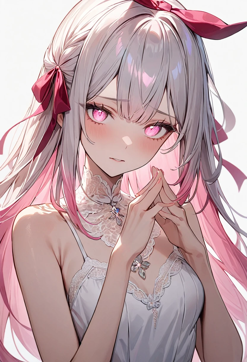 (masterpiece, top quality, very aesthetic, 4k、illustration), intricate detail, 1woman,solo,contrapposto 、Strong glowing eyes、,(upper body)、、(),beautiful face、、sorrow、straight hair、(fluorescence pink gradient hair)、own hands clasped、multicolored hair,hair ribbon,middle hair,sidelock ,レッド eyes、white lace camisole Dresses、small breasts、Slim 、white background