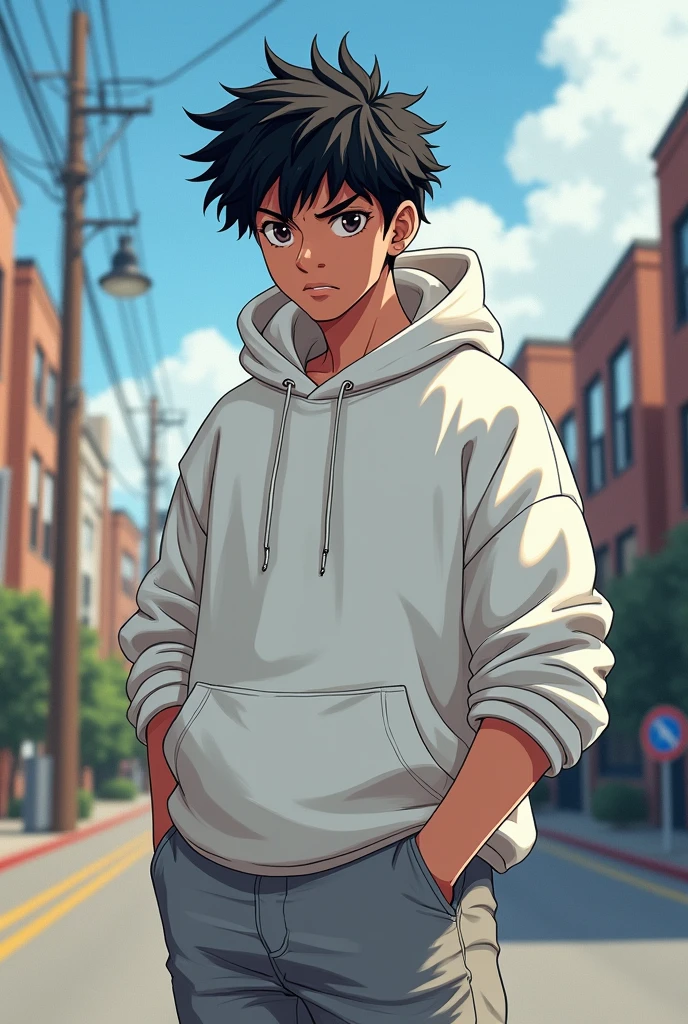 (masterpiece, best quality, ultra-detailed, illustration), detailed face, perfect body, 1boy,20yo, young boy, solo, Black hair, Hip-hop costumes Oversized hoodie,Plain white hoodie,Wearing a hood,light gray jeans, Decisive Pose, In town, Perfect facial expression,perfect clothing description