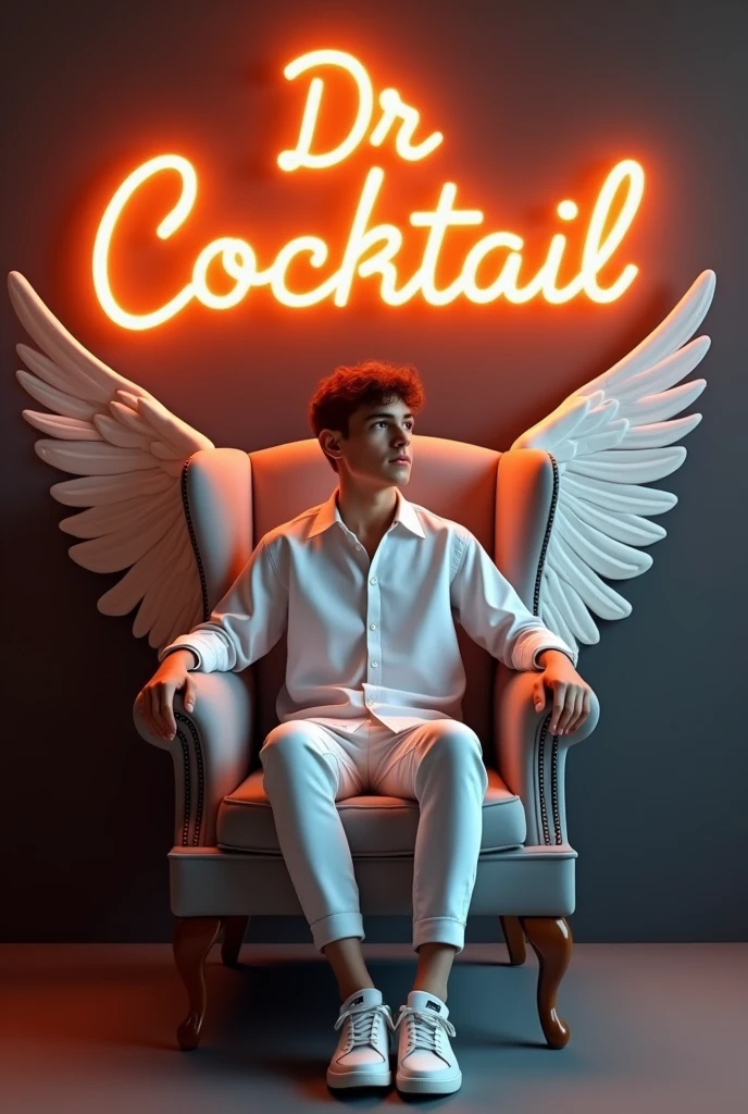 Create a 3D illusion for a profile picture where a 25 Year old cute boy in a white shirt Sitting casually on a Wingback chair. Wearing sneakers, he looks ahead. The background features Dr cocRtail" in big and capital Orange neon light fonts on the dark grey wall. There should not be his shadow, and there are wings to make it appear as if he is an angel
