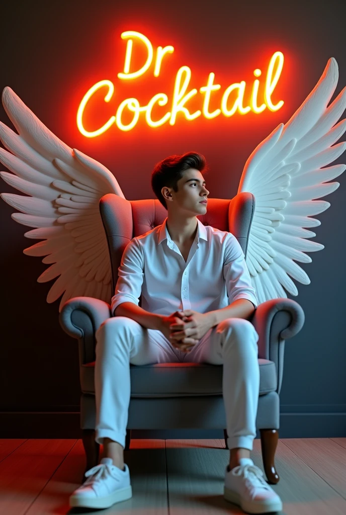 Create a 3D illusion for a profile picture where a 25 Year old cute boy in a white shirt Sitting casually on a Wingback chair. Wearing sneakers, he looks ahead. The background features Dr cocRtail" in big and capital Orange neon light fonts on the dark grey wall. There should not be his shadow, and there are wings to make it appear as if he is an angel