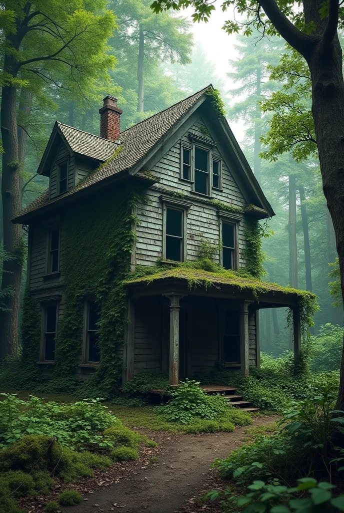 dilapidated house in foreground in the woods a little