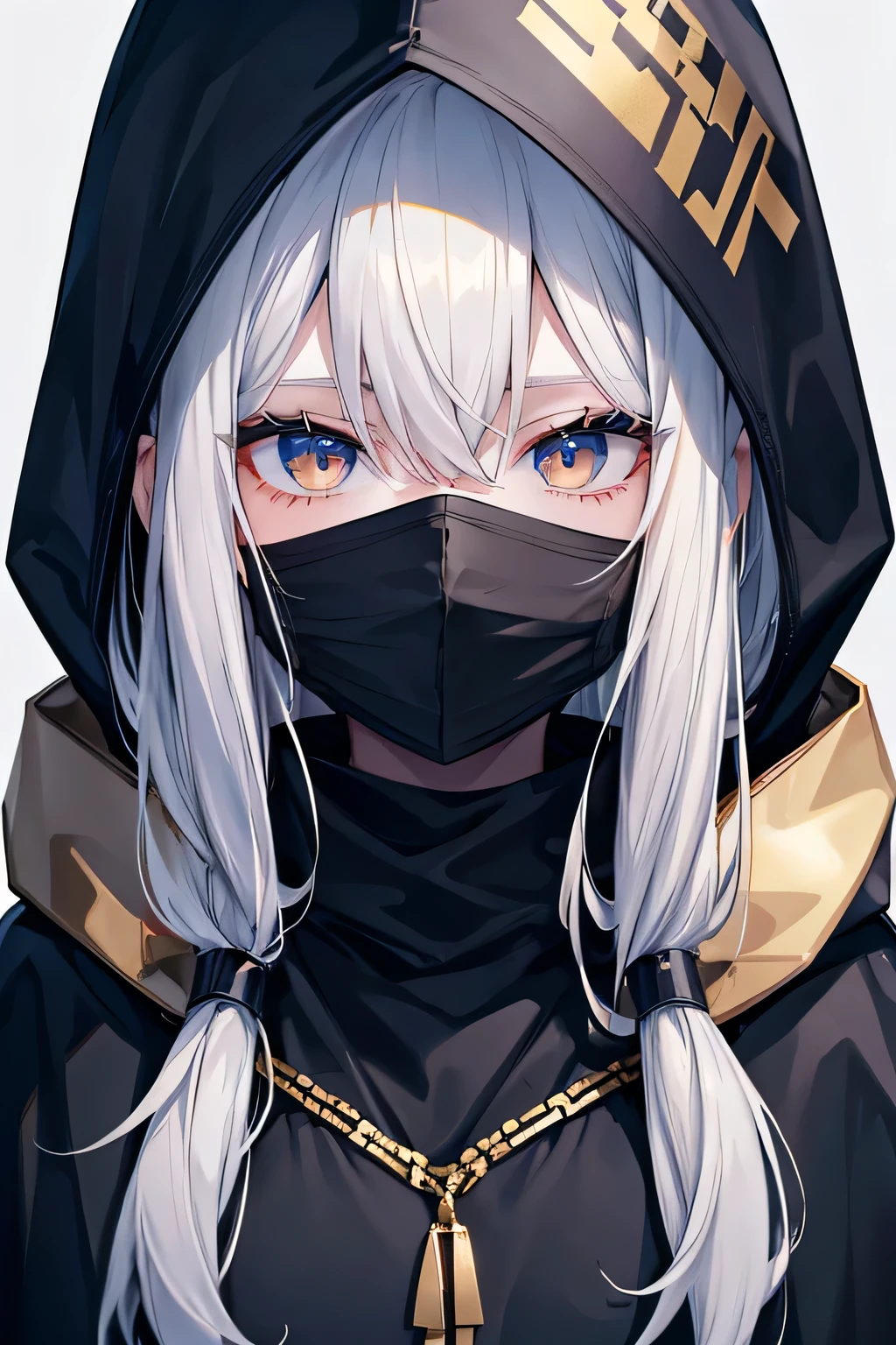 Hooded Girl, dressed entirely in black, face covered with a mask(Made of gold), ash colored hair, eyes are white,best quality,4K,8k,highres,detailed face