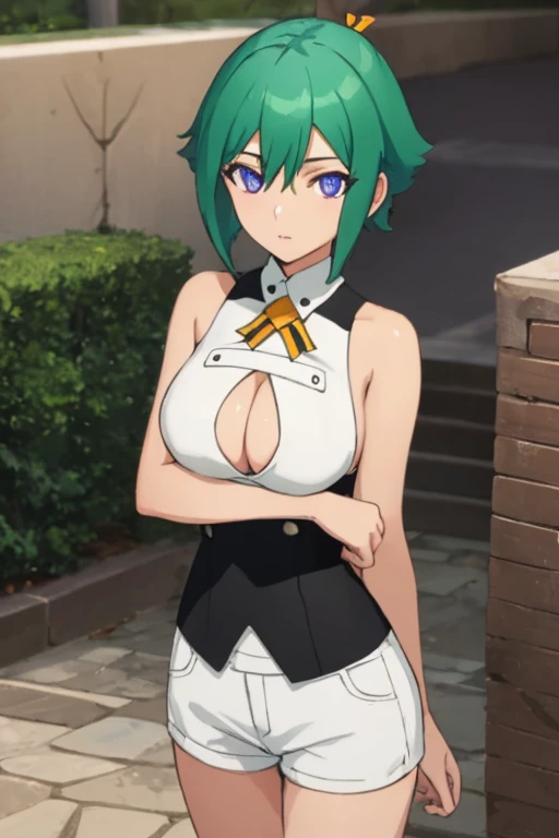 ultra-detailed,
master piece,best quality,high resolution,
beautiful eyes,detailed eyes,detailed face,beautiful detailed eyes,symmetrical clear eyes,1girl,
Jessica Wong, Green Hair, short hair, Hair Ribbon, Big Breasts, Revealing clothing, (Purple eyes:0.7),Clothing cutouts, Cleavage cutout, No sleeve, White shorts, Ascot, View Viewer, One girl,