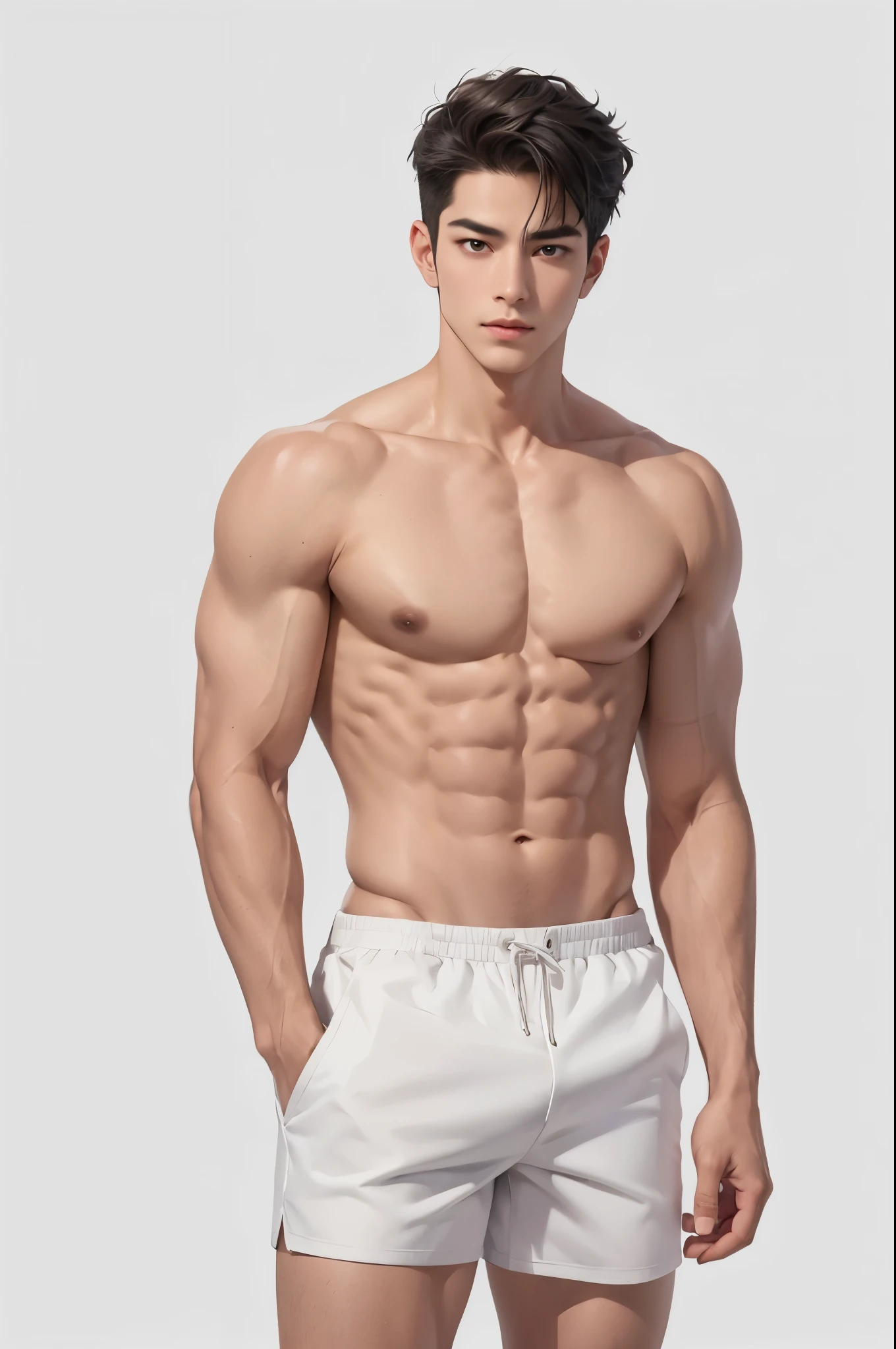 Black short hair , Brown eyes, male,White background, High Detail,male聚焦,Abdominal muscles,Chest muscles,muscular,hand on pockets,Looking at the audience,White shorts
