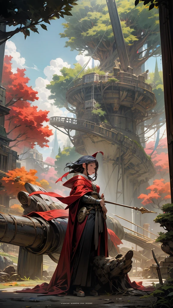 Fantasy world. Colorful and sunny day. We see a Big tree that sprouted from an old rusty combat robot. In front of the tree sits a silhouette of a young sorceress in a red robe with a staff