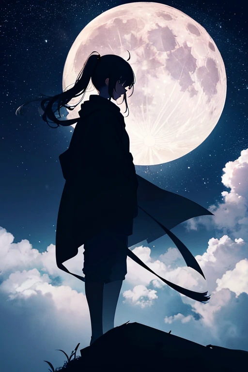 Highest quality,Big moon and shadow,A silhouette of a person can be seen against the backdrop of a large moon.,There is one full moon,There is a mood,Beautiful scenery,Starry Sky
