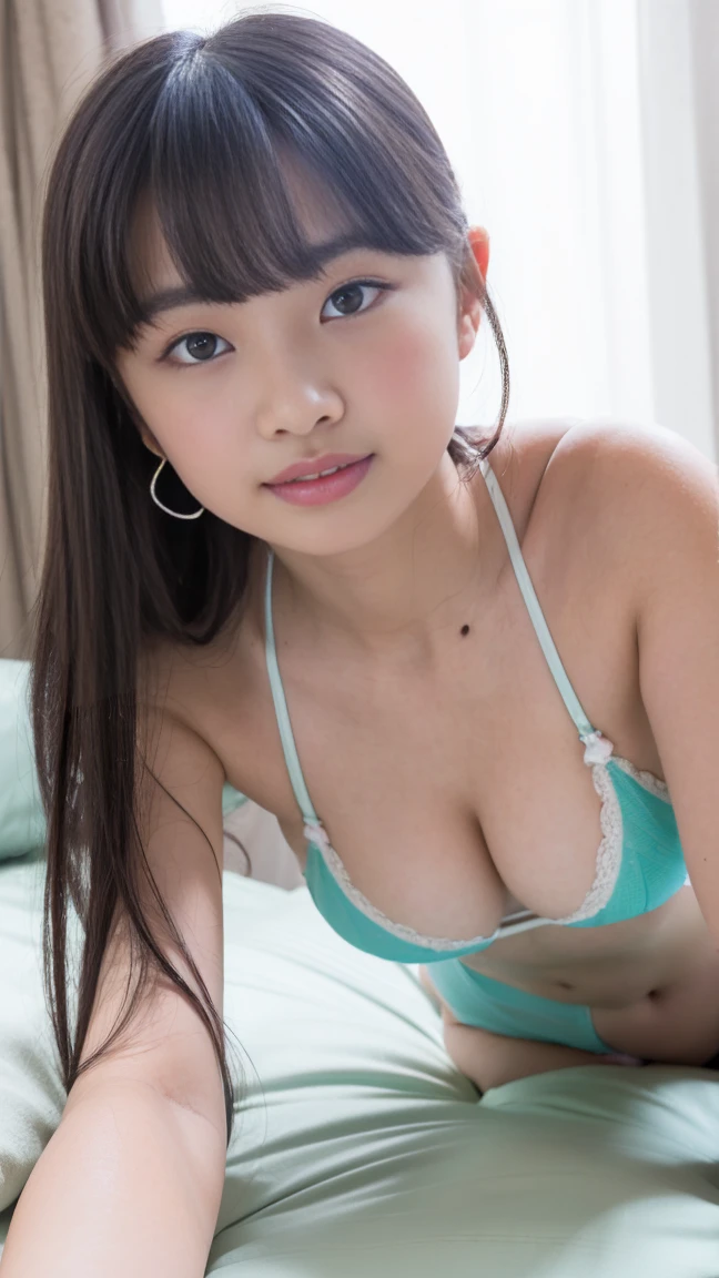 High resolution、High resolution、RAW Photosgraphy、Highest quality、masterpiece、Beautiful Japanese Girl、White skin、Small breasts、超High resolution、RAW Photos、only、alone、whole body、very nice,（(A light yellow-green bra with a cute ribbon&panties)),((Lying on the bed, staring at me))、Sunny bedroom