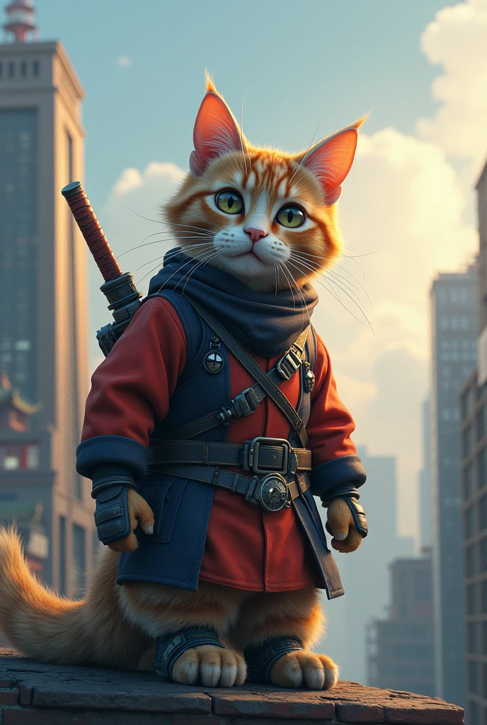 Cat ninja in a future city。On top of a building。Ox Three Times。Real。Lively。