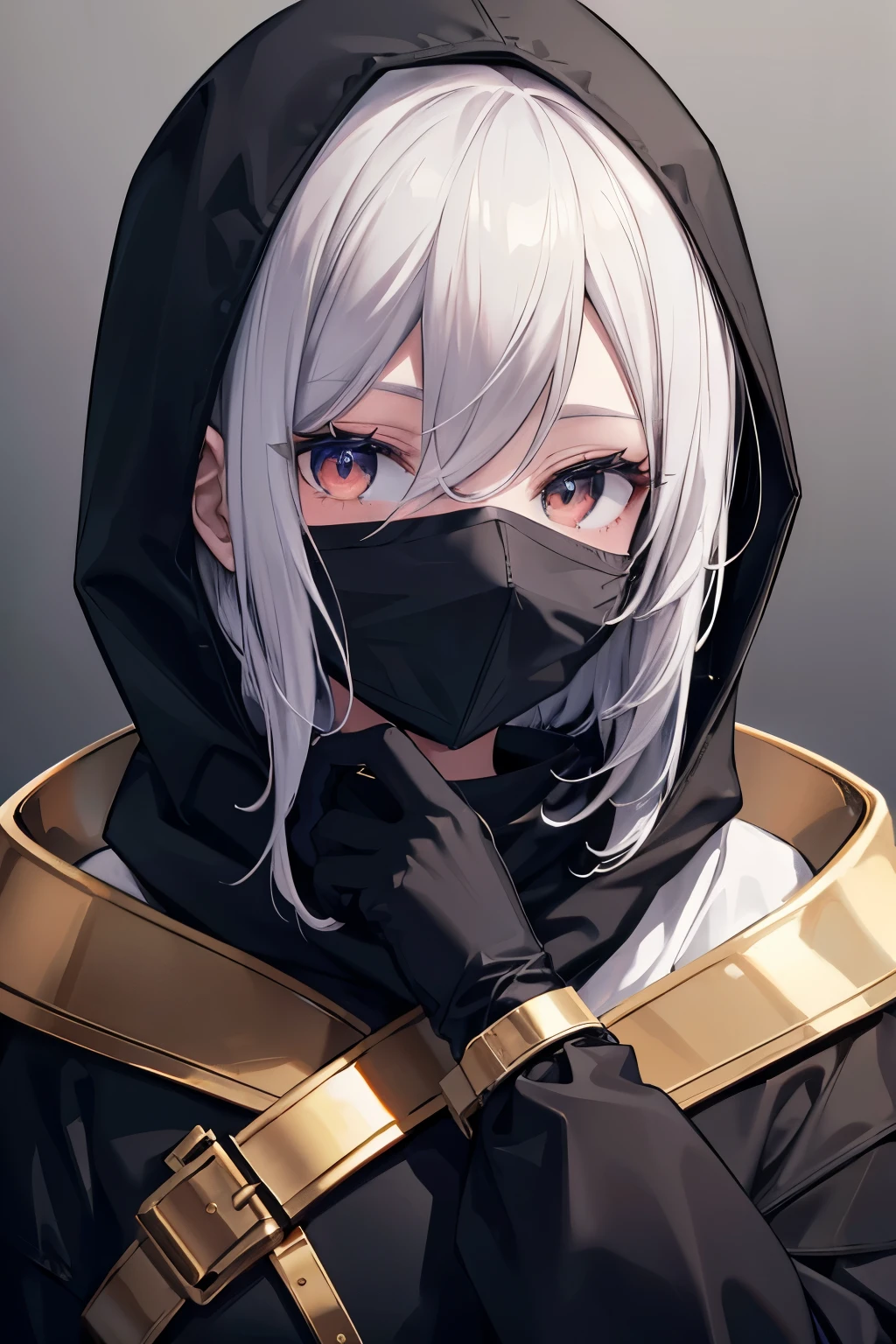 Hooded Girl, dressed entirely in black, face covered with a mask(Made of gold), ash colored hair, eyes are white,best quality,4K,8k,highres,detailed face, change your position