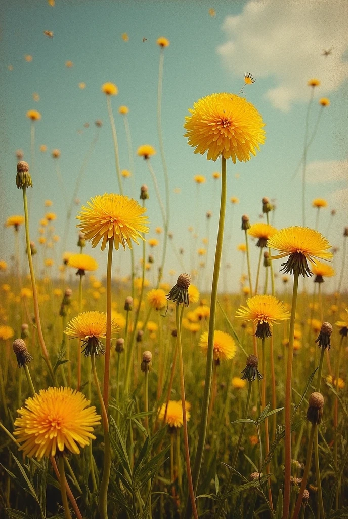 • Dandelions dispersing seeds in the wind.wilderness., photography  in style of Rufino Tamayo 