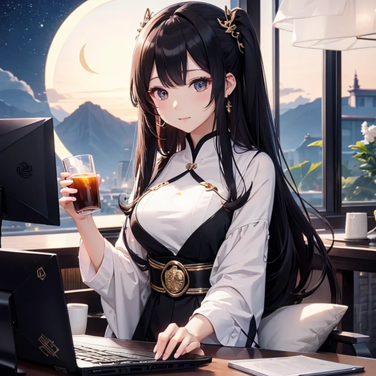 To the computer、Woman enjoying online shopping。Crescent moon accessories、Enhances her calm expression。Black tea。Anime Style。Ultra HD。Crescent moon in the background。A woman who is likely to be liked by other women。