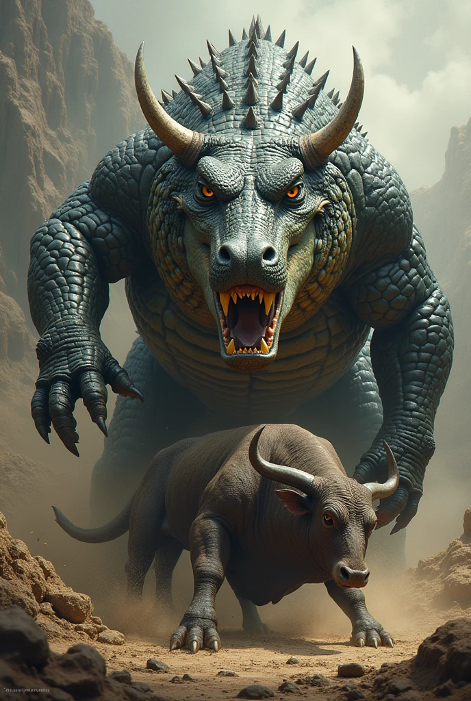 Size: 1024x768
prompt: A dramatic scene of a crocodile defeating a bull in a fierce battle. The crocodile is triumphantly perched on the defeated bull, exuding an air of glory and dominance. The background should be intense and dynamic, capturing the aftermath of the battle. The crocodile should appear majestic and powerful, while the bull looks defeated but still imposing. The setting could be a rugged, natural landscape or an arena-like environment. --size 1920x1080