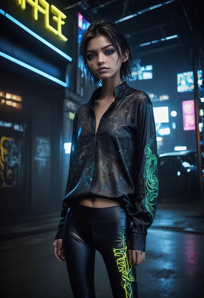 Top Quality, Masterpiece, High Resolution, 8k, full body shot, wide view, (((skinny girl in a wide opened oversize synthetic blouse and wetlook leggings, wide neckline, deep neckline, beautiful detailed eyes, small closed mouth, extremely detailed face, long pixie asymmetrical hair style, small hips, at night, dim lighting, look behind, cyberpunk, tattoo, neon))) 