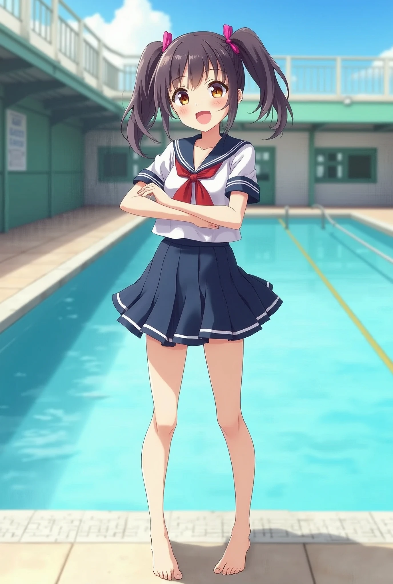 Standing by the pool at an empty school、High school girls、Twin tails、Summer uniform、mini skirt、barefoot、Cute Face、Smiling、Full body portrait