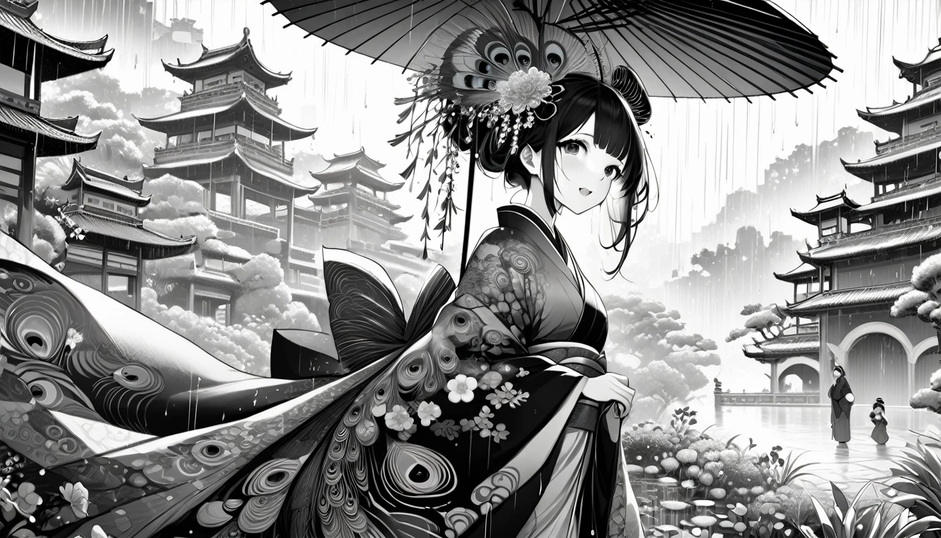 Featured Painting-Style Artworks, Highest quality, Super Fine, 16K, Incredibly absurd, Very detailed, delicate, Flashy and dynamic depiction, Beautiful woman, A captivating woman reminiscent of a peacock, Excited expression, rain, Japanese-style umbrella, (Background monochrome garden palace:1.3)