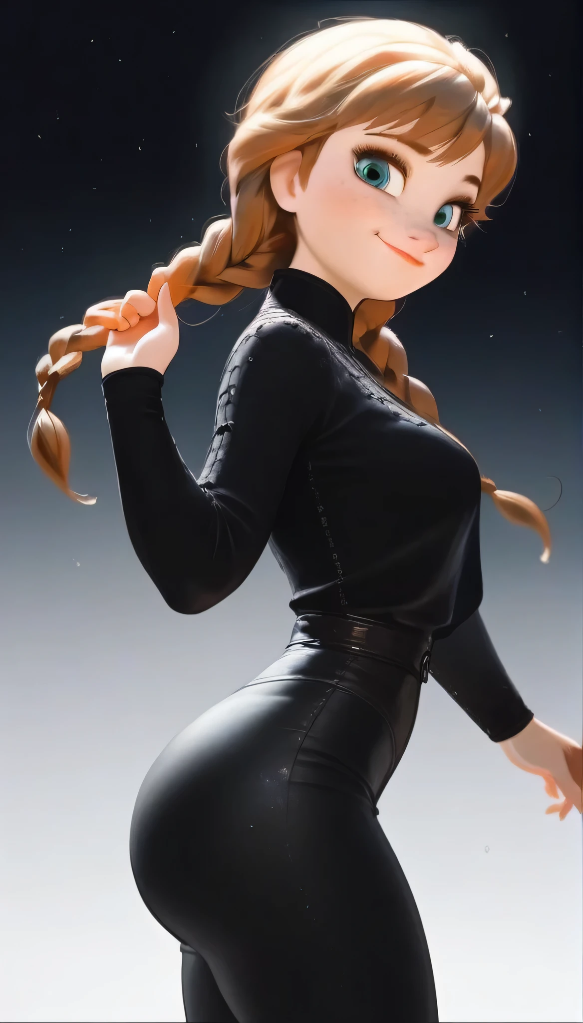 score_9,score_8_up,score_7_up,score_6_up,score_5_up,score_4_up,1girl, (anna frozen, twin braids), cute smile, sexy pose, hot, sexy, horny, freckles,black shirt, black tight pants, big bust, in dark room, side view 
