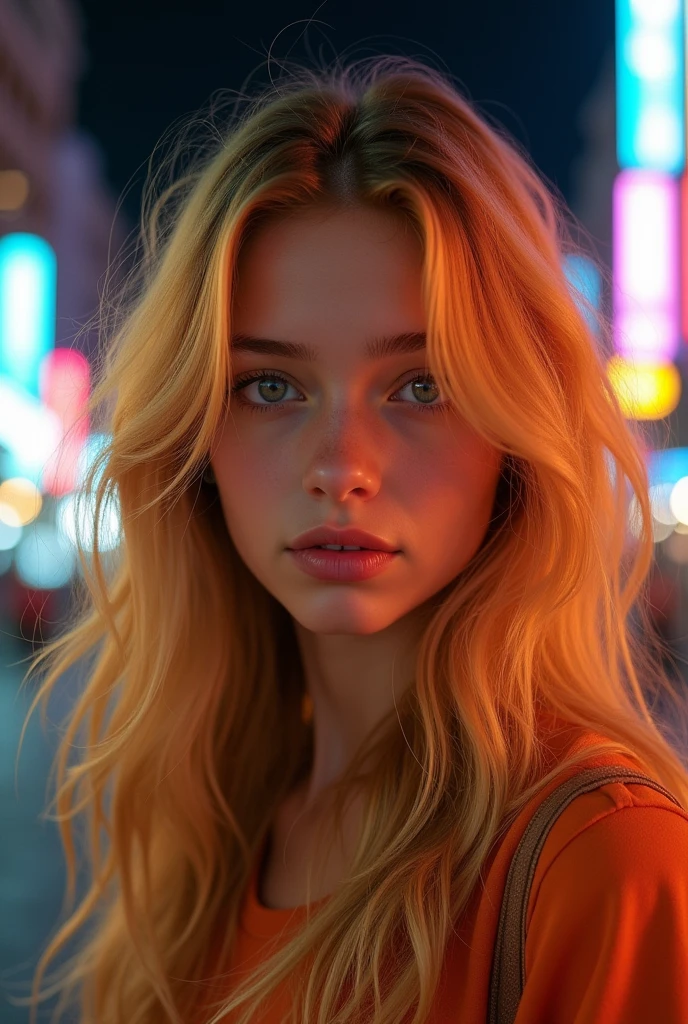 An American girl with golden wave hair (gradient hair, dutch angle:1.3), chromatic aberration, city centre, masterpiece, best quality, raw photo, photorealistic cute, perspective, ultra detailed, finely detail, detailed eyes and face, sharp pupils, realistic pupils, sharp focus, summer, night,