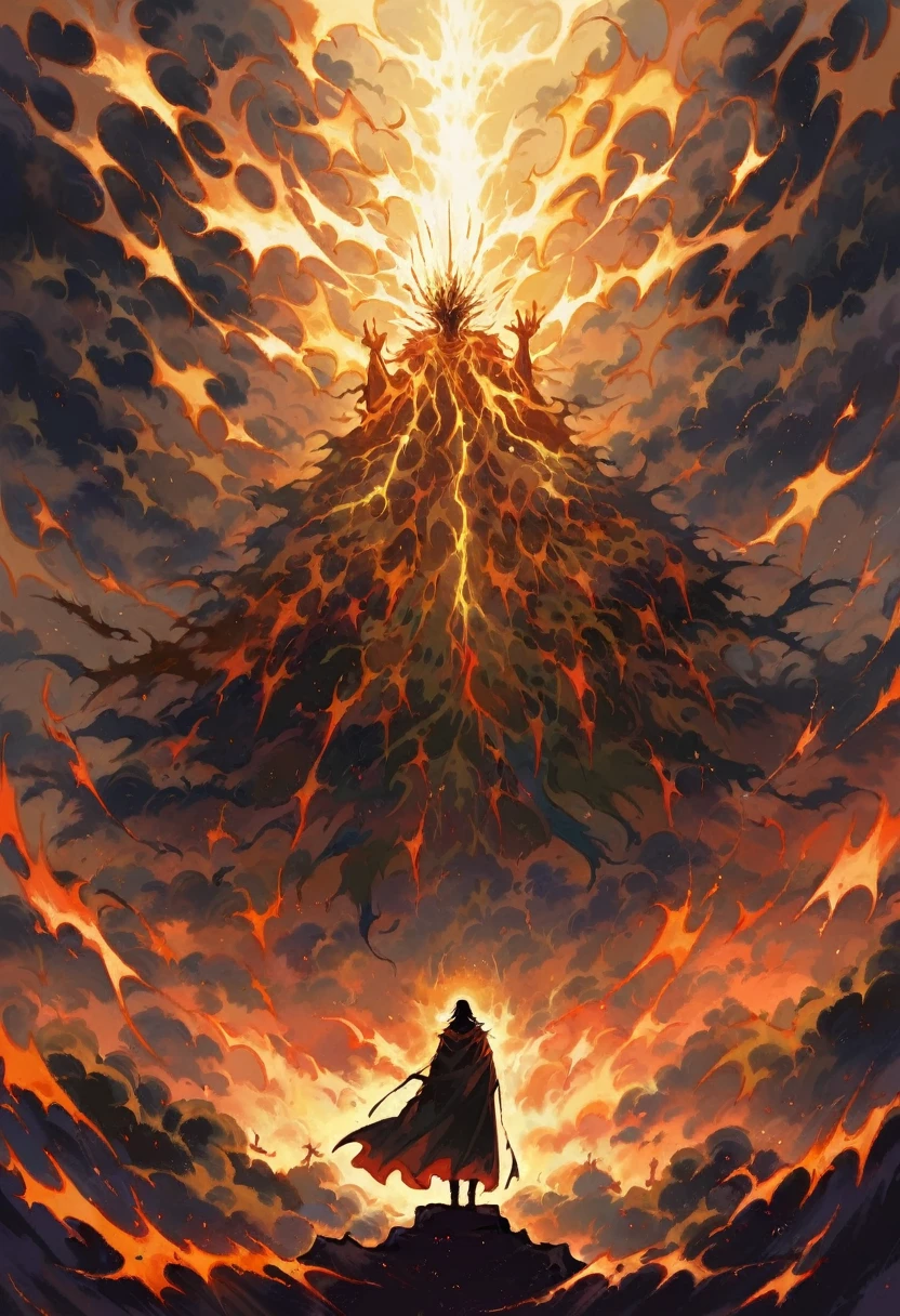 Finally, the gods descended. In his previous life, Qin Chuan tirelessly fought his way up after the server's launch. Medium shot, a determined man amidst a world in chaos, ethereal gods emerging in the sky, divine light contrasting with the apocalyptic backdrop, dramatic lighting, intense atmosphere, focused expression, cinematic depth.